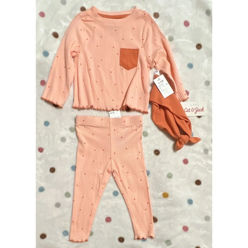Cat & Jack Girls 3pc Ribbed Polka Dot Long Sleeve Pants Set 6-9M